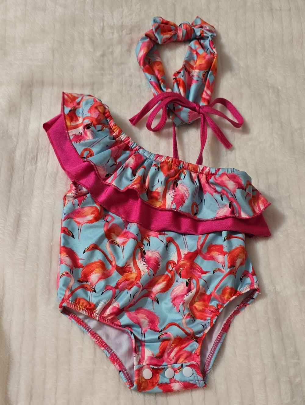 Baby Girls Flamingo Ruffle One-Piece Swimsuit with Headband - Pink & Blue